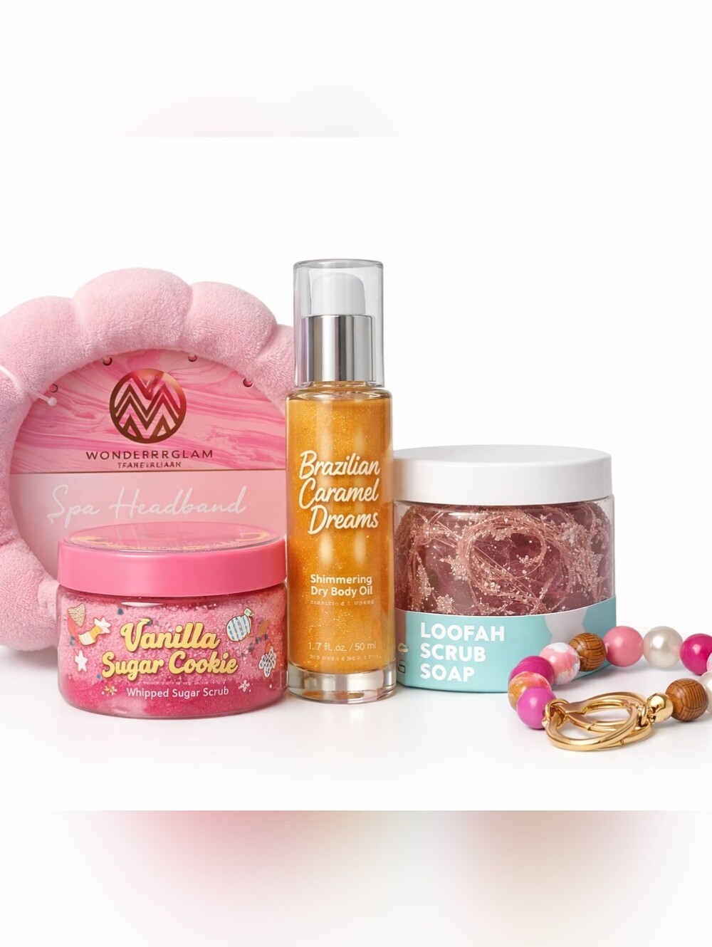 Spa Day Bundle Loofah Soap, Headband, Sugar Scrub, Solar Flare Oil, Wristlet Bag